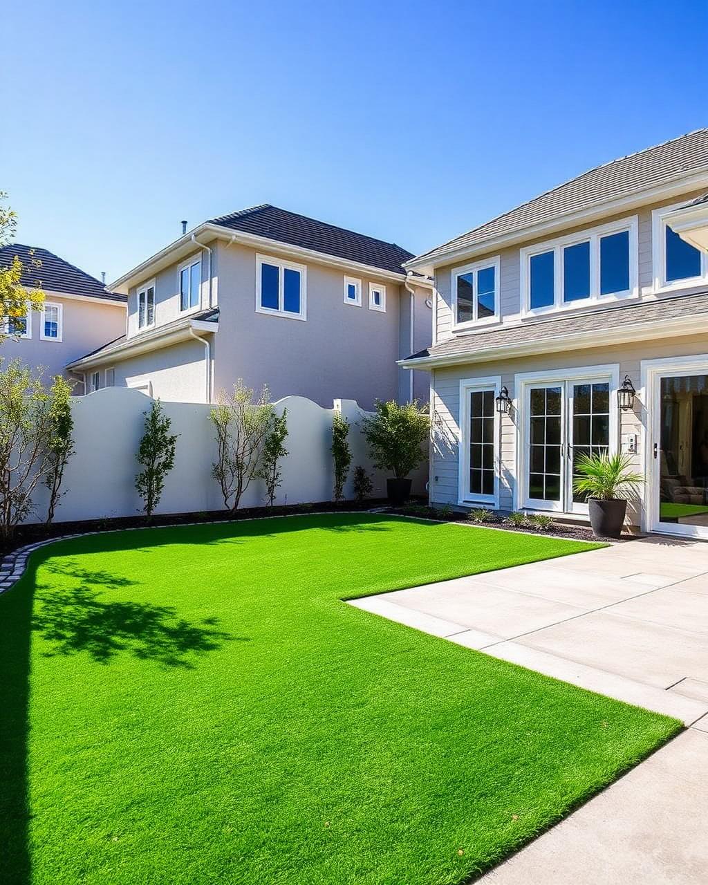 Luxury backyard with bright artificial turf lawn and concrete patio