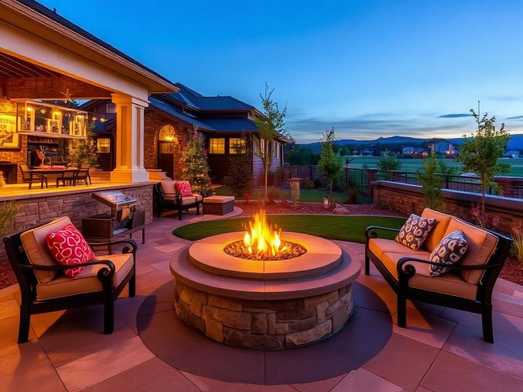 Custom backyard fire pit with natural stone pavers