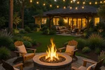 Firepit with seating and home patio in the background