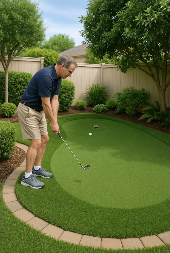 Man Playing Golf on Oblong shaped turf