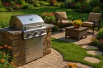 A BBQ Grill surrounded by square bricks and some outdoor furniture.